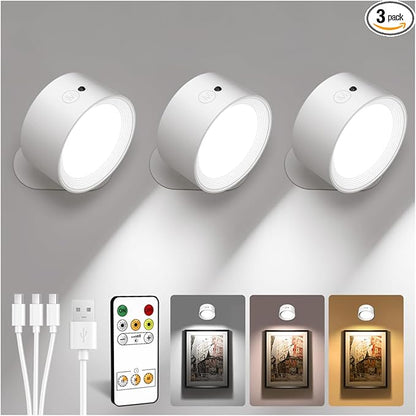 LED Wall Mounted Lights, Rechargeable Wall Sconces with Remote & Touch Control, 3 Color Temperatures 360° Rotation Dimmable Cordless Wall Light for Bedroom Study Reading Bedside (White, 3 Pack)