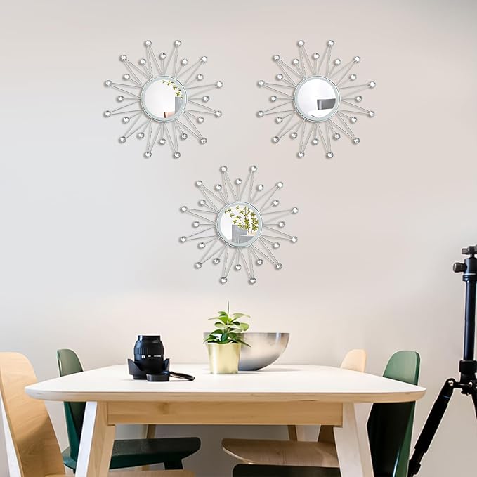 Uaussi 3 Pack Crystal Sunburst Wall Mirror Décor Rhinestone Mirrors Decorative Home Wall Art for Living Room Bedroom Entryway(Triangle Burst Silver)