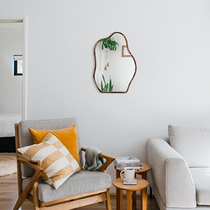 Small Asymmetrical Irregular Wall Mirror Wood Frame Mirror Unique Modern Wall-Mounted Artistic Cloud Shape Mirror Decor for Bathroom Bedroom Living Room Entryway Hallway Vanity