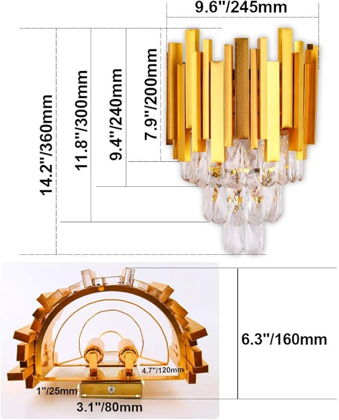 FRIXCHUR Crystal Wall Sconce Lights 3 Tiers Crystal Wall Lamp Modern Wall Lighting Fixture Bedside Night Lamp for Bedroom Bathroom Living Room Hallway,Gold,2 x E12 Base