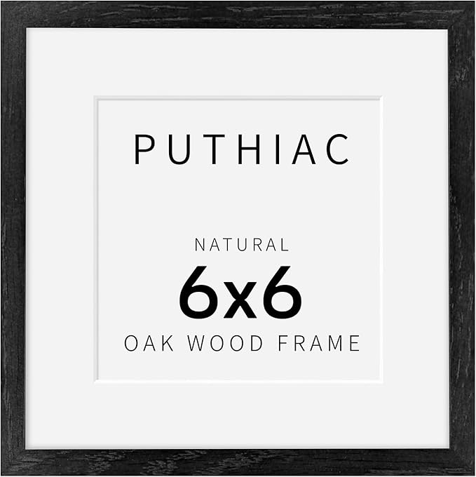 puthiac 6x6 Solid Oak Wood Picture Frame, Fits 4x4 with Mat or 6x6 Without Mat, Wall or Tabletop Display with Stand, Plexi Front, 1 Pack, Black