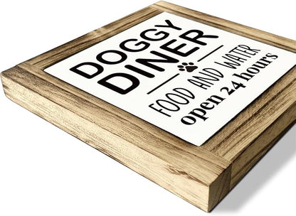 Pet Wood Sign - Doggy Diner - 24 Hour Food & Water Sign, Tabletop Decor