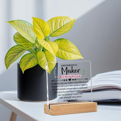 Difference Maker Inspirational Acrylic Sign with Wood Stand, Difference Maker Gift for Bedroom Office Living Room Desk Cubicle Table Shelf Decor, Thank You Gifts for Women Coworker Teacher Boss