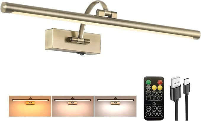 Antique Bronze Picture Light, 23.6 Inch Remote Control Painting Lights for Wall Cordless, 3CCT Dimmable Wall Lights for Pictures, Rechargeable Art Light for Pictures On Wall with Timer