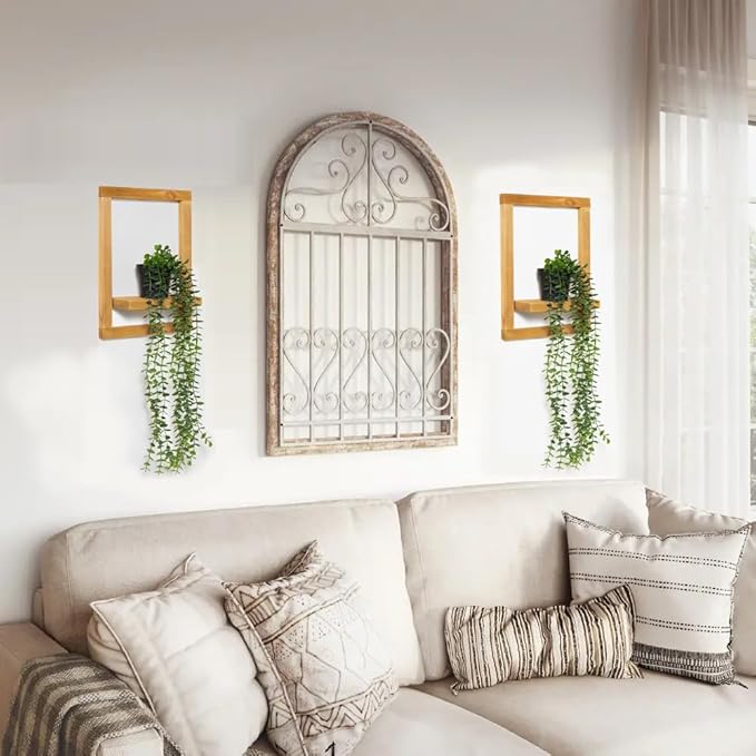 2 Pack Wooden Shelves with Fake Hanging Plants for Wall Decor, Modern Farmhouse Wood Wall Art for Living Room, Bathroom (Light Brown)