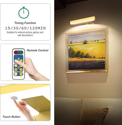 6Pack Wireless Picture Light with Remote,Battery Operated Wall Sconces for Wall Decor,3 Color Timer&Dimmable Paintings Light LED Art Display Lamp Picture Frame Light for Artwork Posters Gallery-Gold