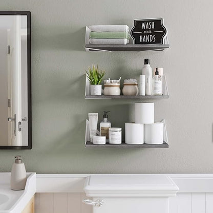 Wallniture Minori Gray Floating Shelves for Wall, Bathroom Shelves Over The Toilet Storage, Wood Wall Shelf for Bedroom, Living Room, Kitchen, Set of 3