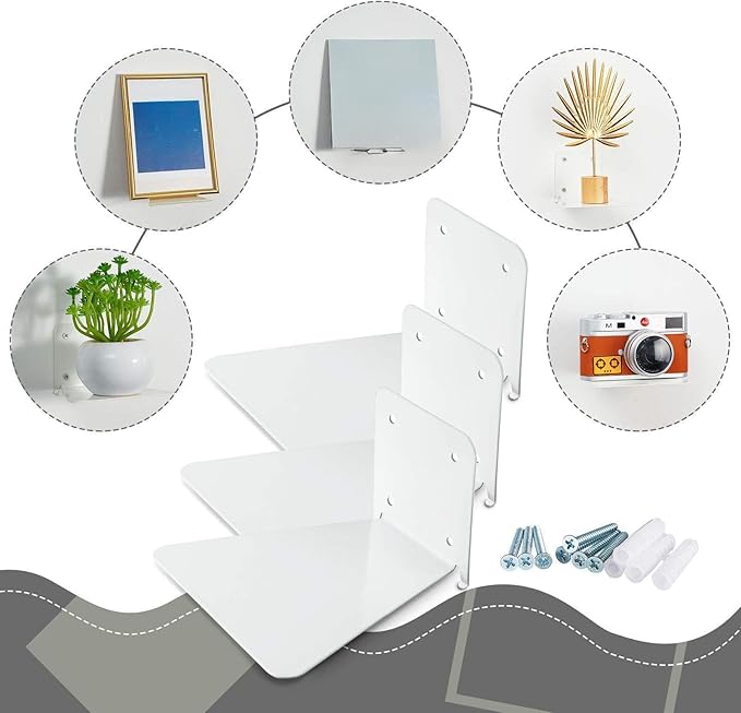 Jetec 6 Pack Invisible Floating Bookshelf Wall Mounted Floating Bookshelves Heavy Duty Book Organizers Hidden Book Shelf Metal Shelves Holder for Books Bedroom Living Room Home Office (White)