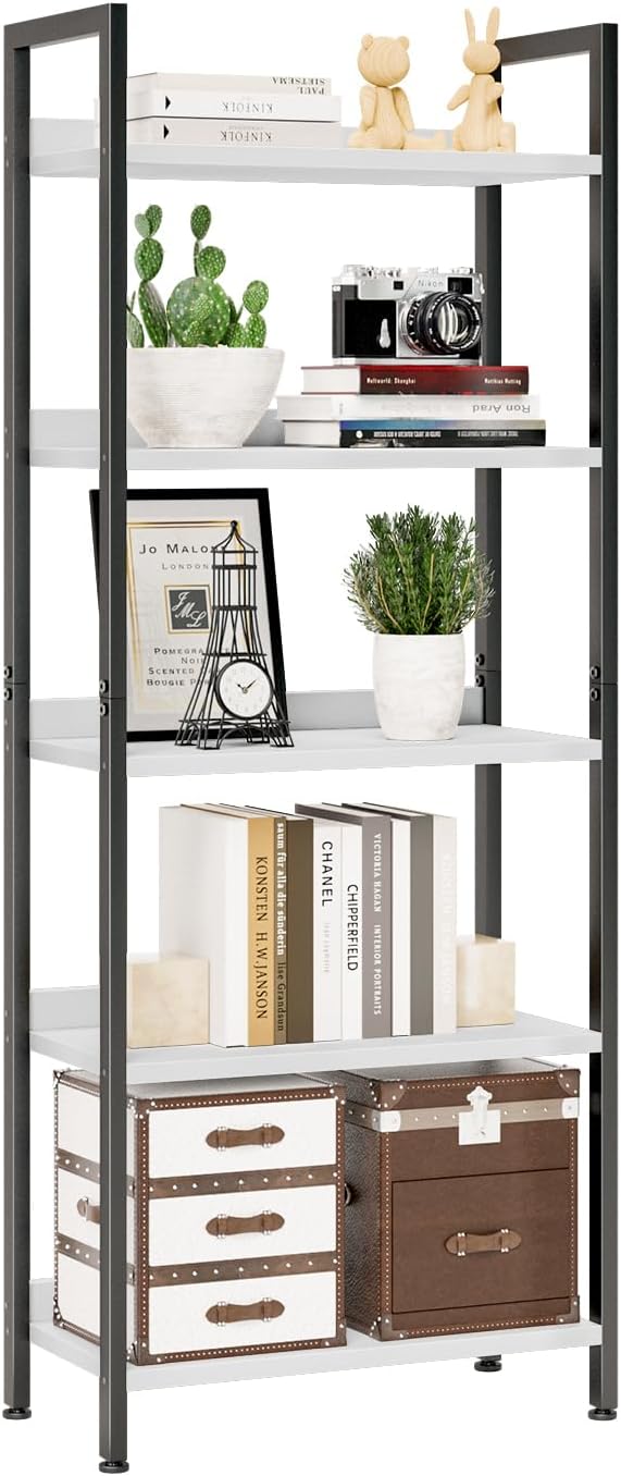 NUMENN Bookshelf, 5 Tier Bookshelves, Home Office Bookcase Shelf Storage Organizer, Free Standing Storage Shelving Unit for Bedroom, Living Room and Home Office, White&Black