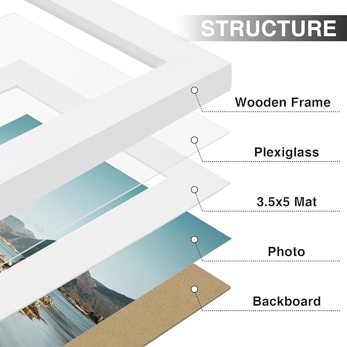 Vittanly 4x6 Picture Frames Set of 9, Shatter Resistant Plexiglass, Display 3.5x5 Pictures with Mat or 4x6 without Mat, Photo Frames for Wall or Tabletop, Engineered Wood, White