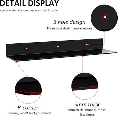 24 Inches Acrylic Wall Shelves 2 Pack, Floating Shelf for Wall Mounting, Acrylic Display Ledges for Funko Pop Figures, Home Décor, Living Room, Gaming Room, Plants(24 inch, Black)