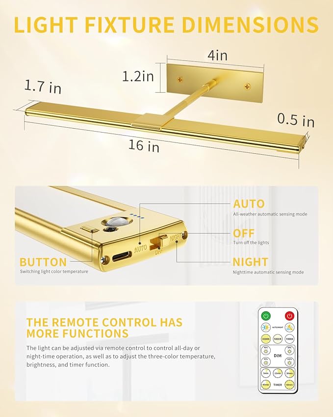16 Inch Dimmable Picture Light, Gold LED Art Painting Wall Light with Remote Control & Timer, 3 Color Temperatures, Battery Operated Wall Sconce for Framed Pictures (Golden, 16 INCH)