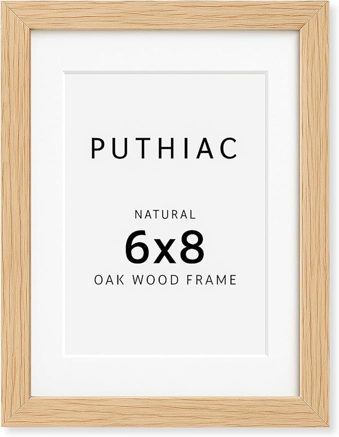 puthiac 6x8 Solid Oak Wood Picture Frame, Fits 5x7 with Mat or 6x8 Without Mat, Wall or Tabletop Display with Stand, Vertical or Horizontal, Plexi Front, 1 Pack, Natural Oak
