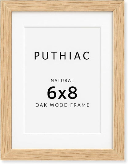 puthiac 6x8 Solid Oak Wood Picture Frame, Fits 5x7 with Mat or 6x8 Without Mat, Wall or Tabletop Display with Stand, Vertical or Horizontal, Plexi Front, 1 Pack, Natural Oak