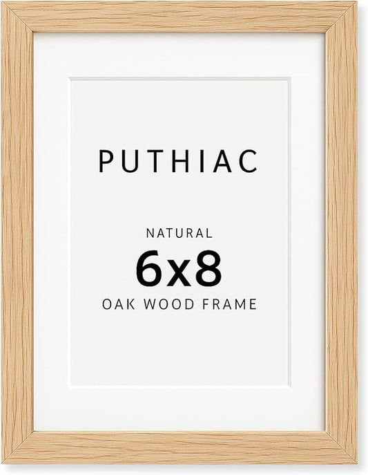 puthiac 6x8 Solid Oak Wood Picture Frame, Fits 5x7 with Mat or 6x8 Without Mat, Wall or Tabletop Display with Stand, Vertical or Horizontal, Plexi Front, 1 Pack, Natural Oak
