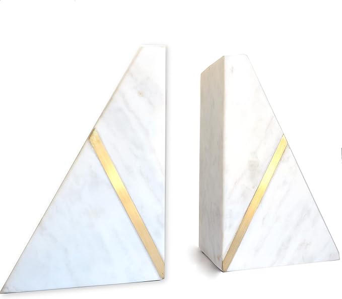 Marble Bookends Handcrafted Heavy Marble Triangular Bookshelf Decor Brass Inlay Set of 2 Decorative Bookends Book Stoppers with Non-Skid Bottom Solid Home Kitchen Office Shelves Triangle