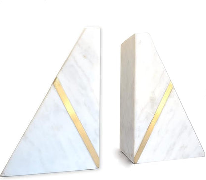 Marble Bookends Handcrafted Heavy Marble Triangular Bookshelf Decor Brass Inlay Set of 2 Decorative Bookends Book Stoppers with Non-Skid Bottom Solid Home Kitchen Office Shelves Triangle