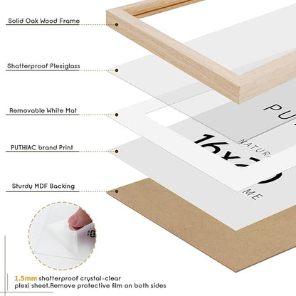 puthiac 16x20 Solid Oak Wood Picture Frame, Fits 12x16 with Mat or 16x20 Without Mat, Wall Display Only, Vertical or Horizontal, Plexi Front, 3 Pack, Natural Oak