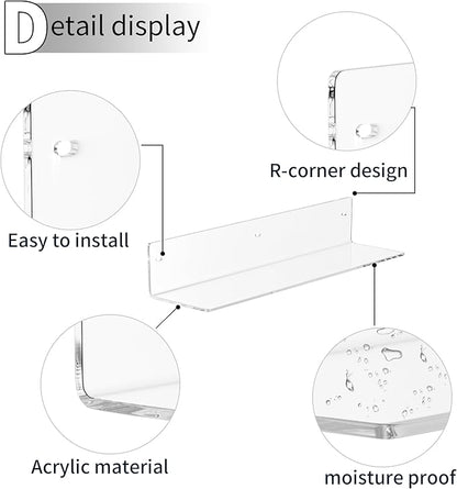 16 Inches Clear Acrylic Shelves, Wall Mounted Organizer Shelves for Bedroom, Clear Wall Storage Shelves for Cosmetics, Skincare, Router, Doll, Toiletries, Helmets, 2 Pack