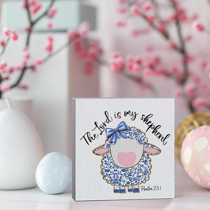 Easter Religious Decorations Christian Easter Decor The Lord Is My Shepherd Blue And White Decor Chinoiserie Wooden Box Sign for Home Office Bedroom Living Room Desk Shelves