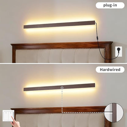 Farmhouse Plug in Long Wall Sconce, 39.3" Faux Walnut Finish LED Wall Lights, 20W Warm White 3000K Acrylic Indoor Wall lamp, with 59" Plug Cable for Bedroom, Living Room, Hallway