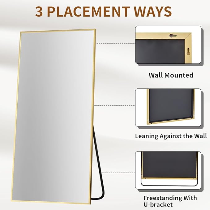 VooBang Large Full Length Mirror 78" x 35" - Shatterproof Floor Full Body Mirror with Aluminum Alloy Frame, Freestanding, Hanging, or Wall-Leaning, for Bedroom, Living Room, Dressing Room, Gold