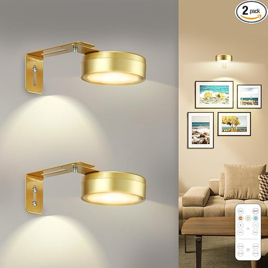 2 Pack Gold Battery Operated Picture Light, Wireless Picture Lights for Wall with Remote Dimmable Timer, Lighting Modes Pictures Frame Lights for Artworking, Magnetic Painting Light Wall Decor