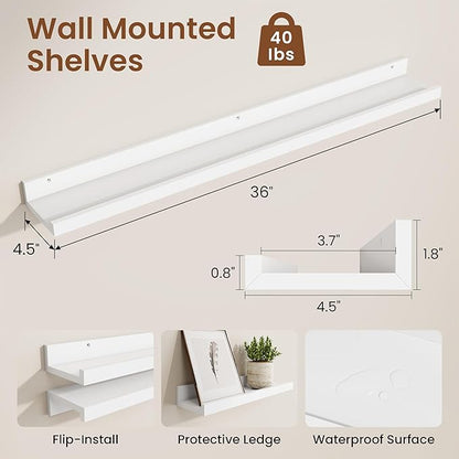Heimlove Picture Ledge Shelf,36 inch Long Floating Shelves for Wall Set of 2,White Picture Shelf with Lip for Wall Decor,Living Room,Bedroom,Bookshelf,Nursery,Perfume