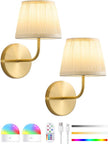 Rechargeable Wall Sconces Set of 2 - 5200mAh Cordless Battery Operated Wall Sconce - Fabric Lamp Shade - Gold Brass LED Light Fixture with Remote for Bedroom Bedside Living Room Stairway Hallway Porch
