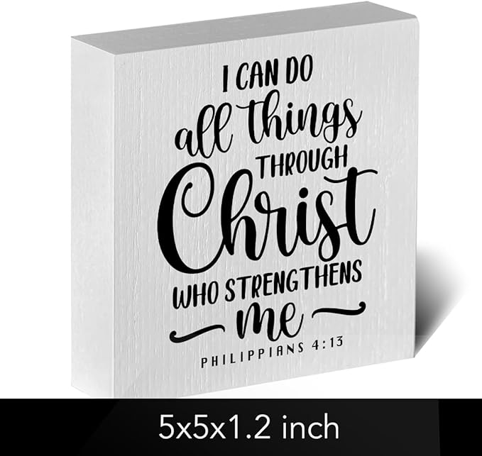 I Can Do All Things Through Bible Verse Artwork Wood Box Sign Rustic Farmhouse Style Philippians 4 : 13 Christian Wood Block Plaque 5 X 5 Inches Home Office Desk Sign Decor for Presents