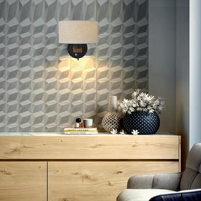 Wall Mounted Bedside Lamp,Hardwired Wall Sconce with Switch,Wall Lamps for Bedroom With Fabric Shade,Vintage Wood Wall Light E26 for Living Room,Dining Room,Hallway,Stairway,Lampara para sala de Pared
