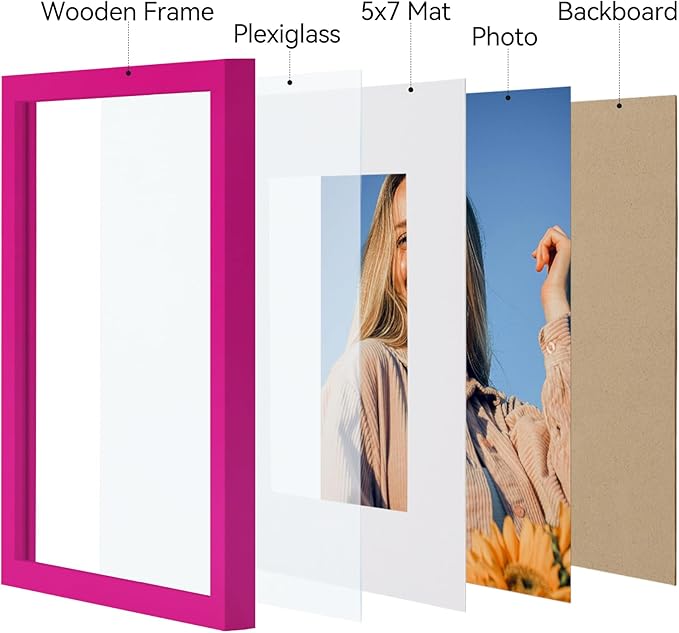 Vittanly 8x10 Picture Frames Set of 4, Display Pictures 5x7 with Mat or 8x10 without Mat, Gallery Wall Frame Set for Wall or Tabletop, Engineered Wood with Shatter Resistant Plexiglass, Rose Red