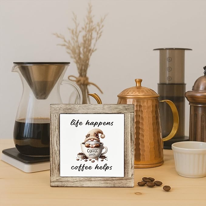 Coffee Bar Decor, Life Happens Coffee Helps Wooden Box Sign, Funny Gnome Wooden Block Sign, Bar Decorations for Home, Rustic Wood Table Top Decor 5.9×5.9 inch