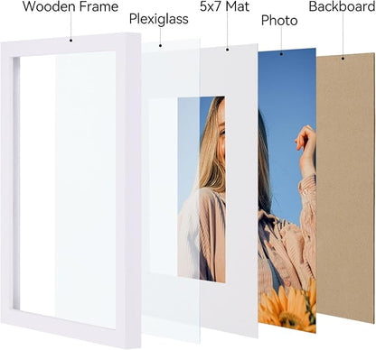 Vittanly 8x10 Picture Frame Set of 4, Display Pictures 5x7 with Mat or 8x10 without Mat, Gallery Wall Frame Set for Wall or Tabletop Display, Engineered Wood with Shatter Resistant Plexiglass, White