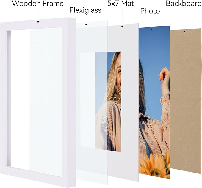 Vittanly 8x10 Picture Frame Set of 4, Display Pictures 5x7 with Mat or 8x10 without Mat, Gallery Wall Frame Set for Wall or Tabletop Display, Engineered Wood with Shatter Resistant Plexiglass, White