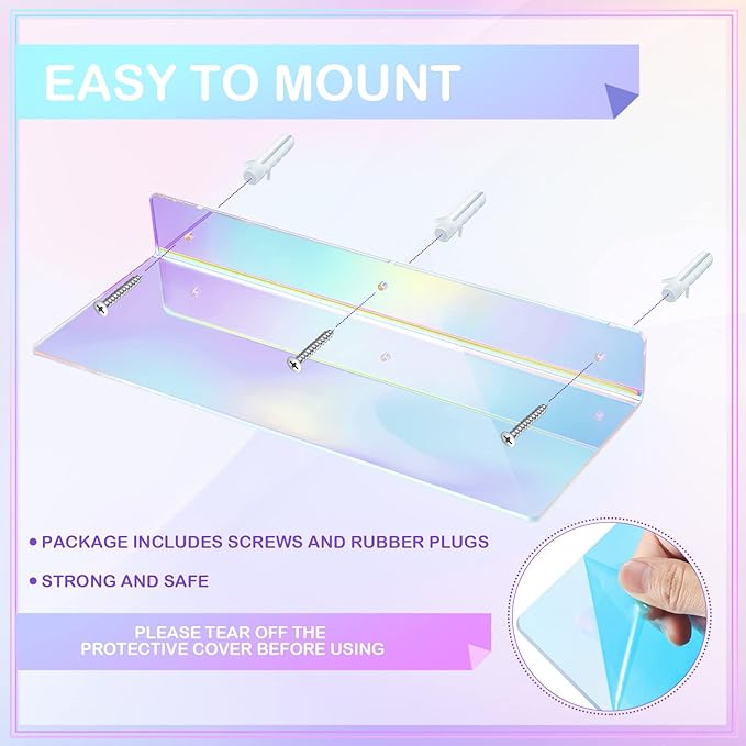 Rainbow Iridescent Acrylic Shelves Floating Wall Ledge Bookshelf Wall Mounted Shelf Display Organizer for Kids Room Bathroom Bedroom Living Room Nursery Office Kitchen (2 Pieces)