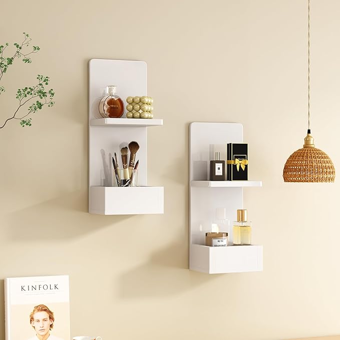 2-Tier White Floating Wall Shelf, 20x8x6 Wall-Mounted Wooden Beside Shelf/Nightstand for Home Décor, Plants, Cosmetics, Bathroom, Kitchen, Bedroom Storage (White with Box)
