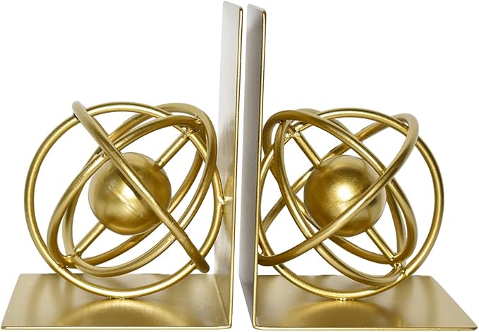 Book Ends Decorative, Modern Metal Unique Gold Bookends for Shelves, Round Design Bookend Book Stopper Holder for Home Office