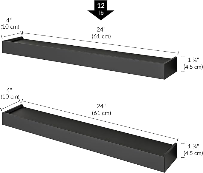 Ballucci Modern Floating Shelves 24", Set of 2 Wood Wall Mount Ledges for Nursery, Living Room, Bathroom, Kitchen, Office, Black