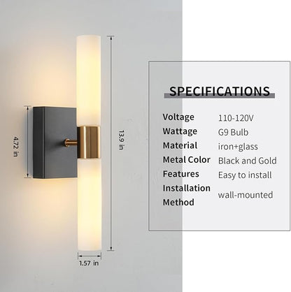 Wall Sconces Set of Two Black and Brass Wall Lights with White Frosted Glass Shade Modern Wall Lamp for Bathroom Living Room Indoor Vanity Up and Down Sconces Wall Lighting for Hallway