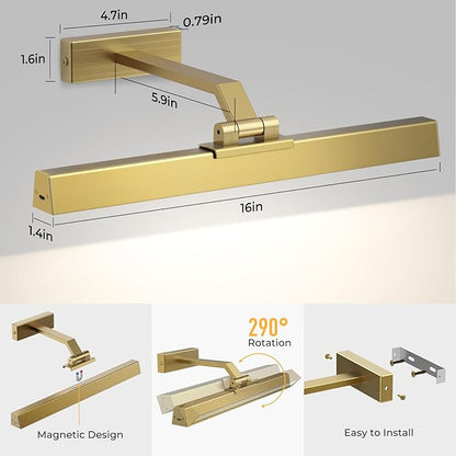 Picture Lights for Wall, Brushed Gold Battery Operated Picture Light 16in Art Light CCT Dimmable Recharging Battery Wall Light with Remote Control for Living Room Gallery 2PCS