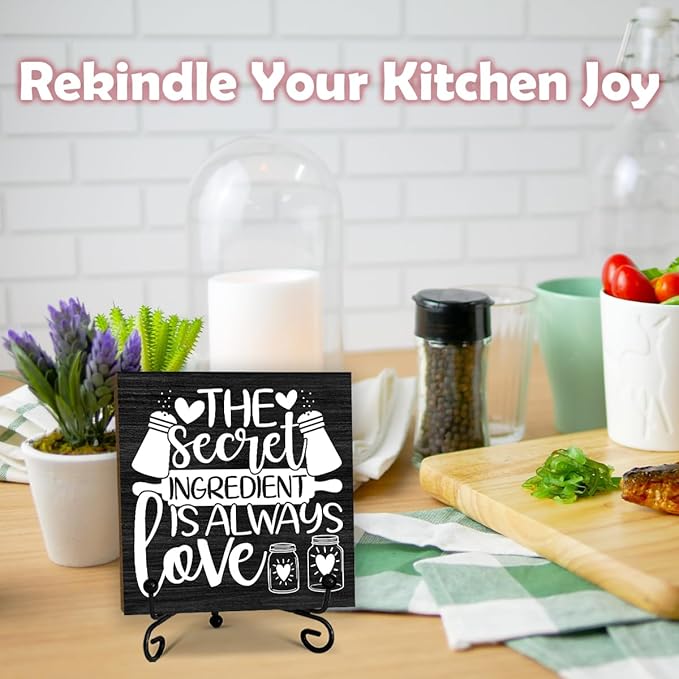 5'' Rustic Kitchen Wooden Sign With Metal Stand - The Secret Ingredient Is Always Love - Wooden Plaque Tabletop Decor Gifts For Friends Family Coworkers - Home Desk Kitchen Decor & Supplies - B01