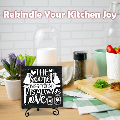 5'' Rustic Kitchen Wooden Sign With Metal Stand - The Secret Ingredient Is Always Love - Wooden Plaque Tabletop Decor Gifts For Friends Family Coworkers - Home Desk Kitchen Decor & Supplies - B01
