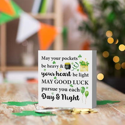 St Patricks Day Decor Irish Blessing Decorations Rustic Shamrock Wood Sign Home Tabletop Shelf Desk Decor May Your Pockets Be Heavy St Patrick's Day Decorations 5 X 5 Inches