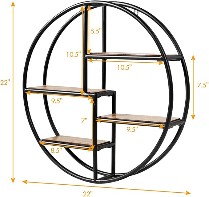 Tangkula Round Wall Shelf, Wall-Mounted Circular Shelf, Wood & Iron Wall Hanging Shelves, 4-Tier Circle Shelf Wall Decor for Home Office, Circular Floating Shelves (2, Black)