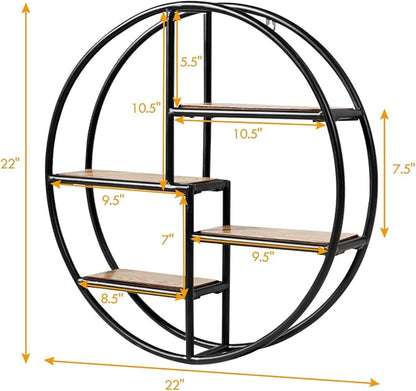 Tangkula Round Wall Shelf, Wall-Mounted Circular Shelf, Wood & Iron Wall Hanging Shelves, 4-Tier Circle Shelf Wall Decor for Home Office, Circular Floating Shelves (2, Black)
