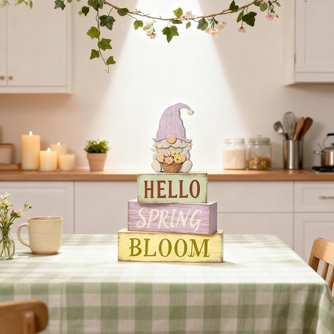 Spring Decoration Wooden Tiered Tray Decor – Rustic Hello Spring Bloom Gnome Stacked Block Sign with Flower Basket Topper – Farmhouse Tabletop Spring Decor for Living Room Shelf Kitchen Coffee Bar Seasonal Home Display