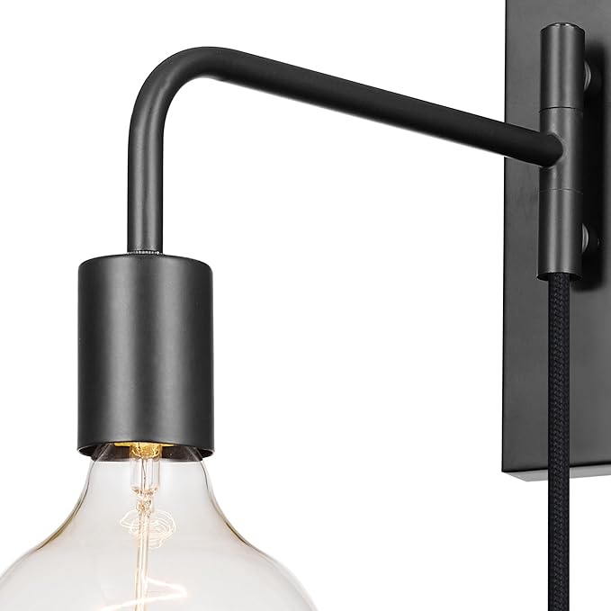 Globe Electric x Novogratz 51370 1-Light Plug-in Wall Sconce, Matte Black, 6-Foot Cloth Cord, Modern Art Deco Lighting for Apartments and Renters, Accent Light, Open Socket, E26 Base