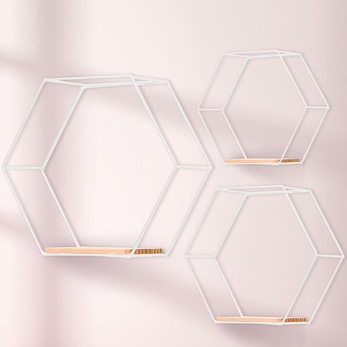 Modern Metal White Hexagonal Floating Shelves - Set of 3, Wood Partition Shelves for Bedroom, Living Room, Kitchen, Office, Plants and Art