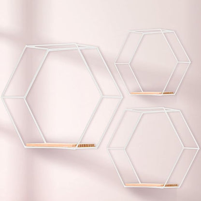 Modern Metal White Hexagonal Floating Shelves - Set of 3, Wood Partition Shelves for Bedroom, Living Room, Kitchen, Office, Plants and Art